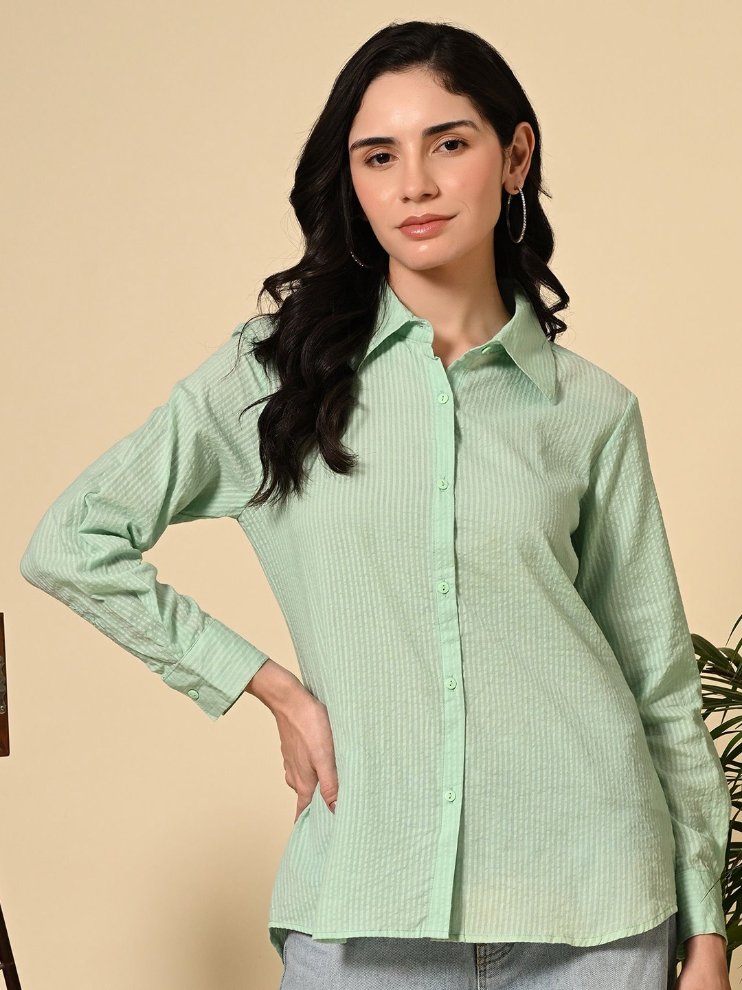 

Netreyam Women Smart Fit Spread Collar Vertical Striped Cotton Casual Shirt, Green
