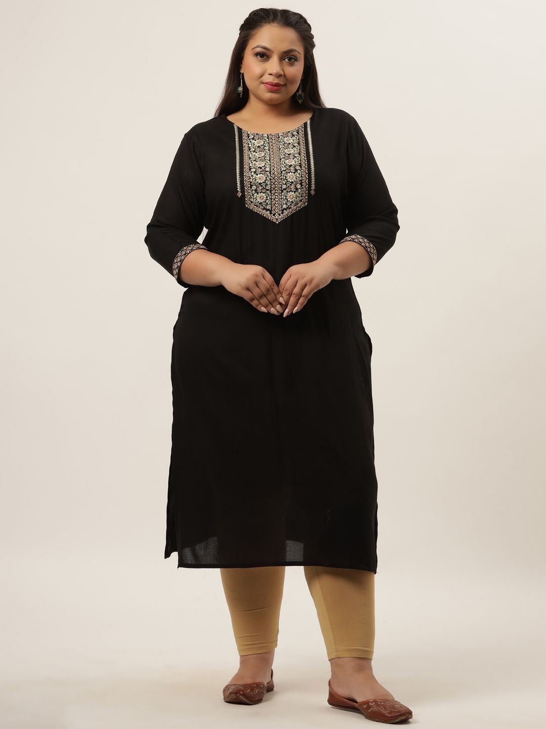 

KALINI Floral Yoke Design Notch Neck Thread Work Straight Kurta, Black