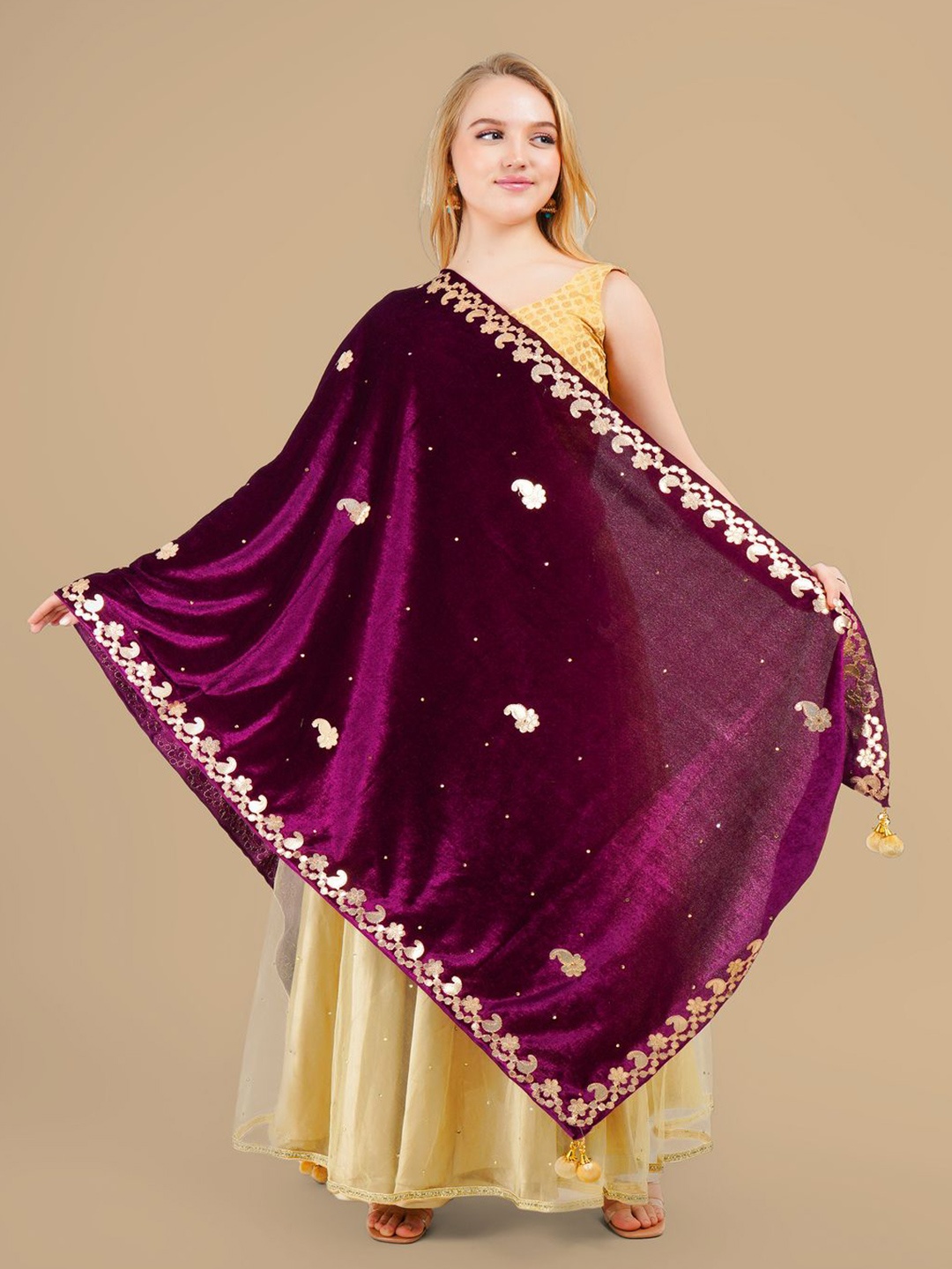 

Karthav Fashion Paisley Embroidered Velvet Dupatta With Gotta Patti, Purple
