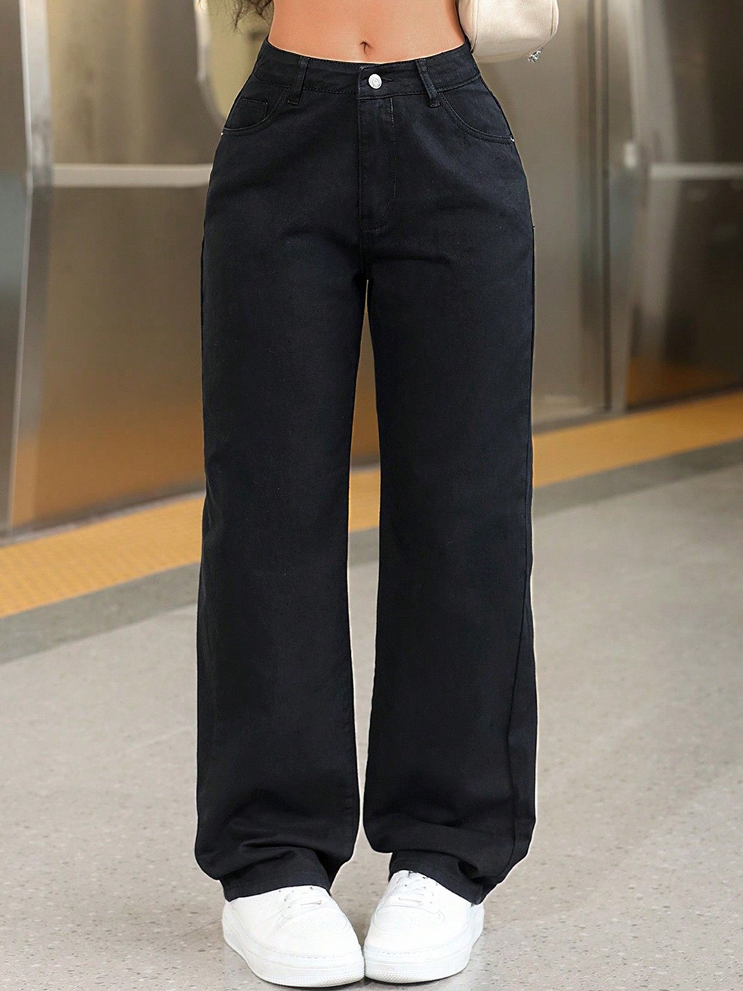 

PLUS 91 Women High-Rise Low Distress Straight Fit Stretchable Jeans, Black