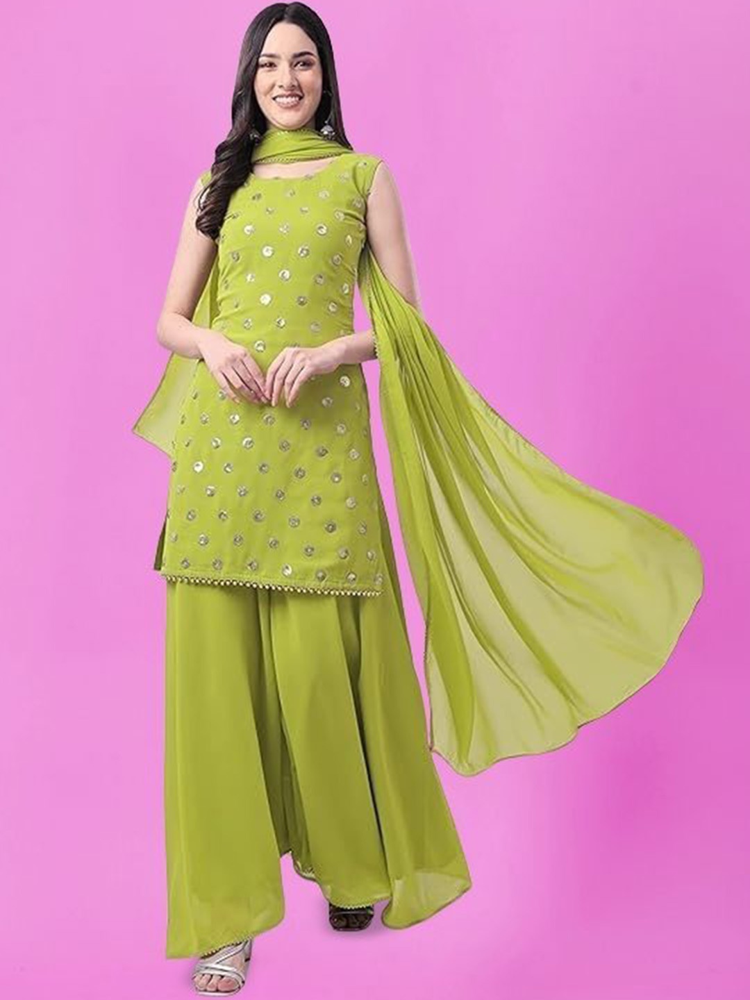 

PARROT CREATION Geometric Embroidered Sequinned Georgette Kurti with Sharara And Dupatta, Lime green