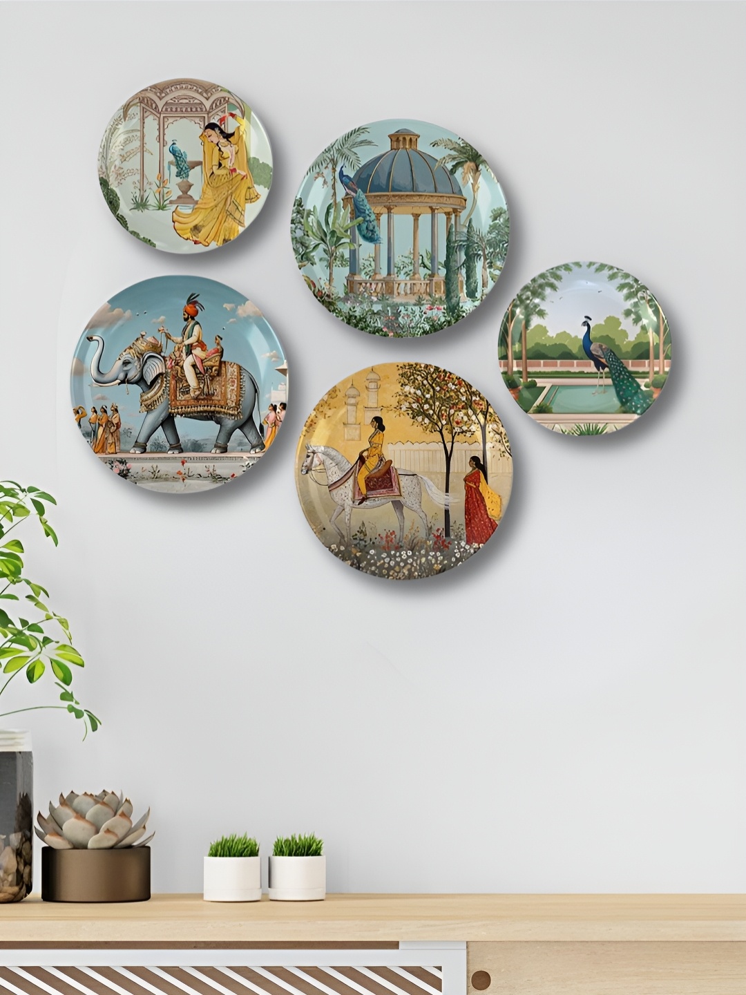 

Homscape Blue & Yellow 5 Pieces Traditional Art Ceramic Wall Plates