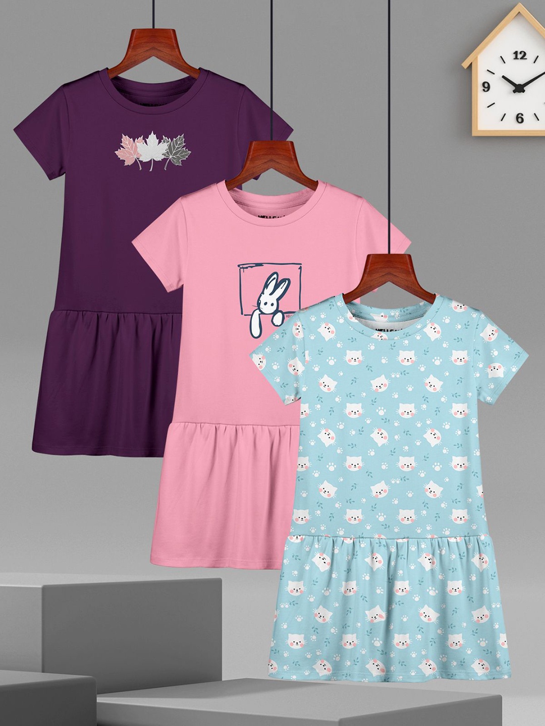 

HELLCAT Girls Pack of 3 Cotton Printed A-Line Dress, Blue