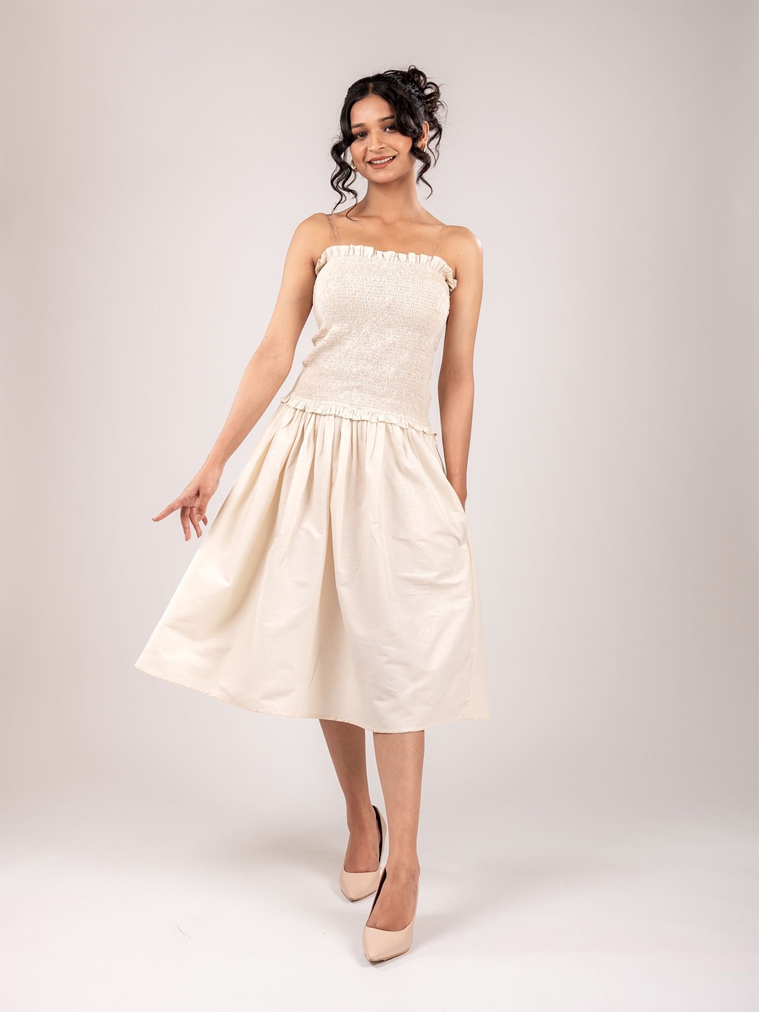 

MONOMEE Smocked Cotton Fit & Flare Midi Dress, Off white