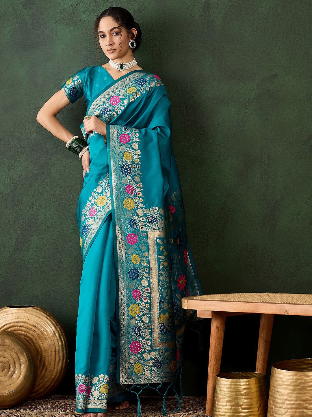 

MANVAA Woven Design Zari Designer Banarasi Saree, Sea green