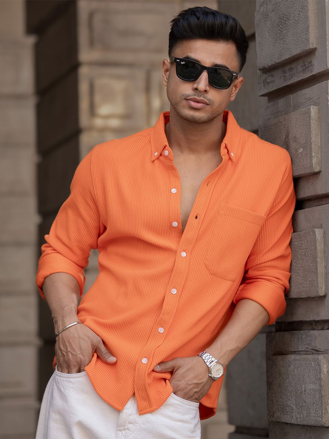 

Powerlook Men Regular Fit Button-Down Collar Vertical Striped Casual Shirt, Orange