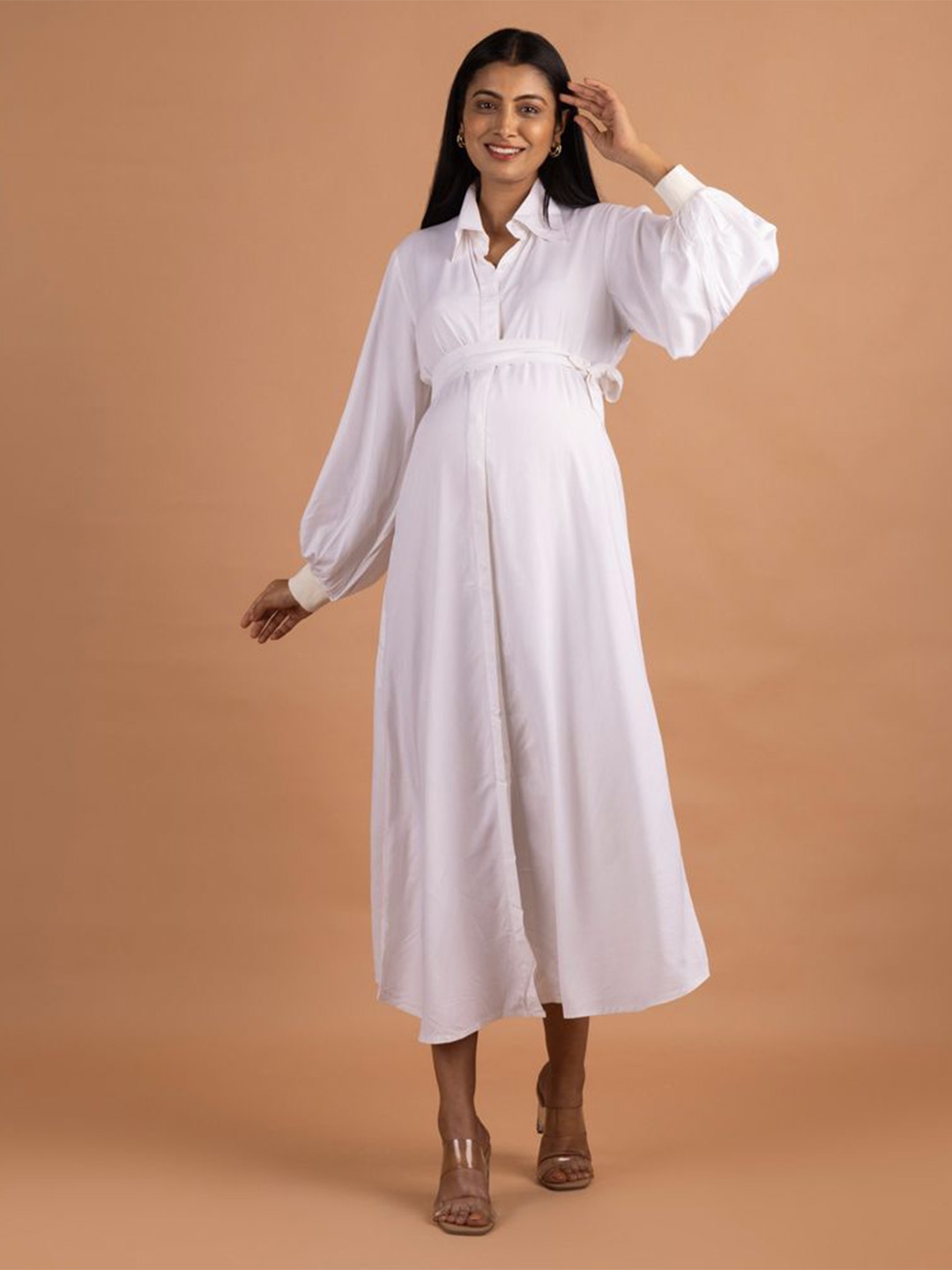 

Block Hop Women White Timeless Mama Shirt Dress