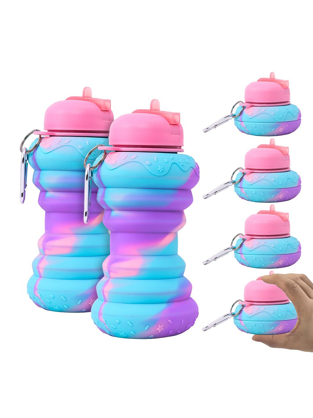 

Kuber Industries Pink Pack of 6 Printed Collapsible Water Bottles With Flip Cap-600ml Each