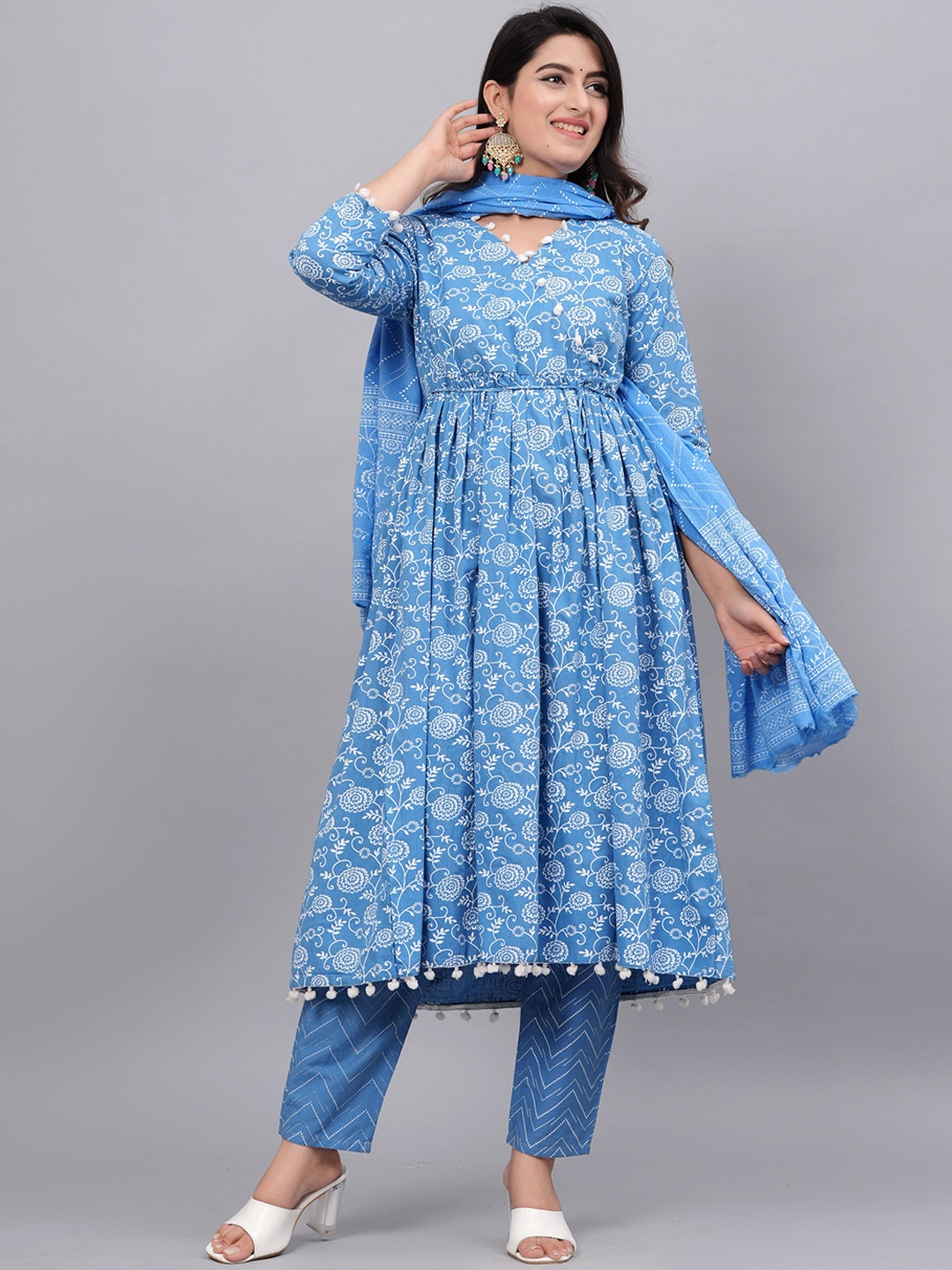 

Fmkcreation Floral Printed V-Neck Pure Cotton Angrakha Kurta With Trousers & Dupatta, Blue