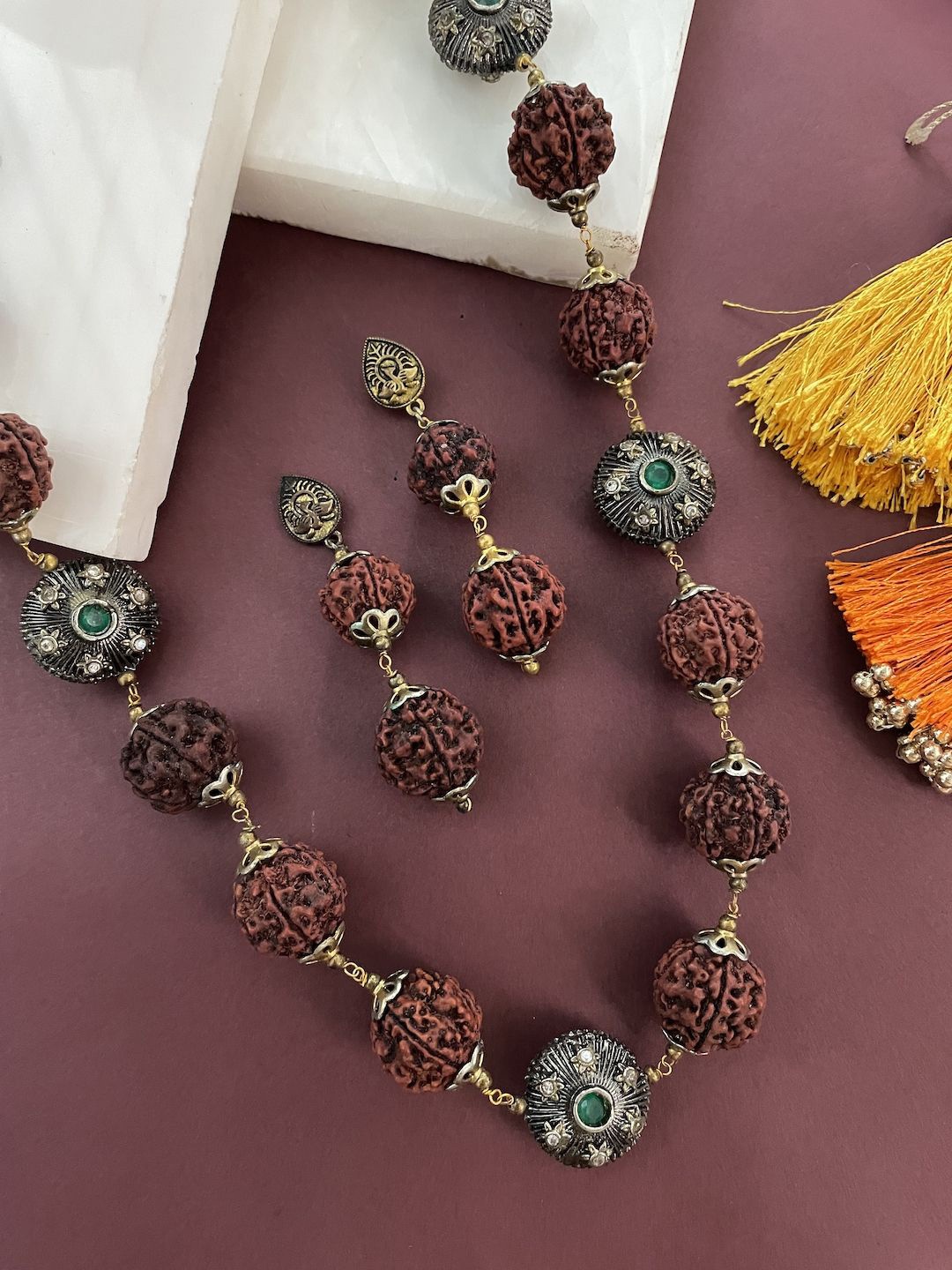 

Digital Dress Room Brass-Plated Artificial Beaded Floral Rudraksha Jewellery Set, Brown