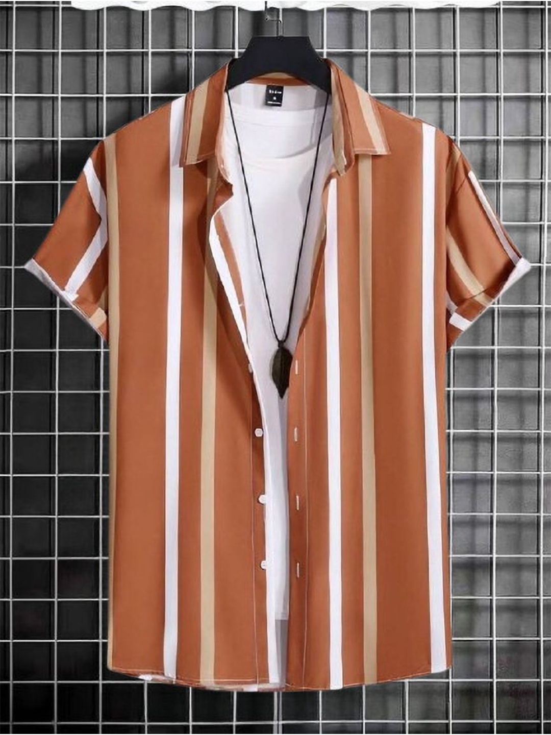 

iCome Men Spread Collar Vertical Striped Casual Shirt, Rust