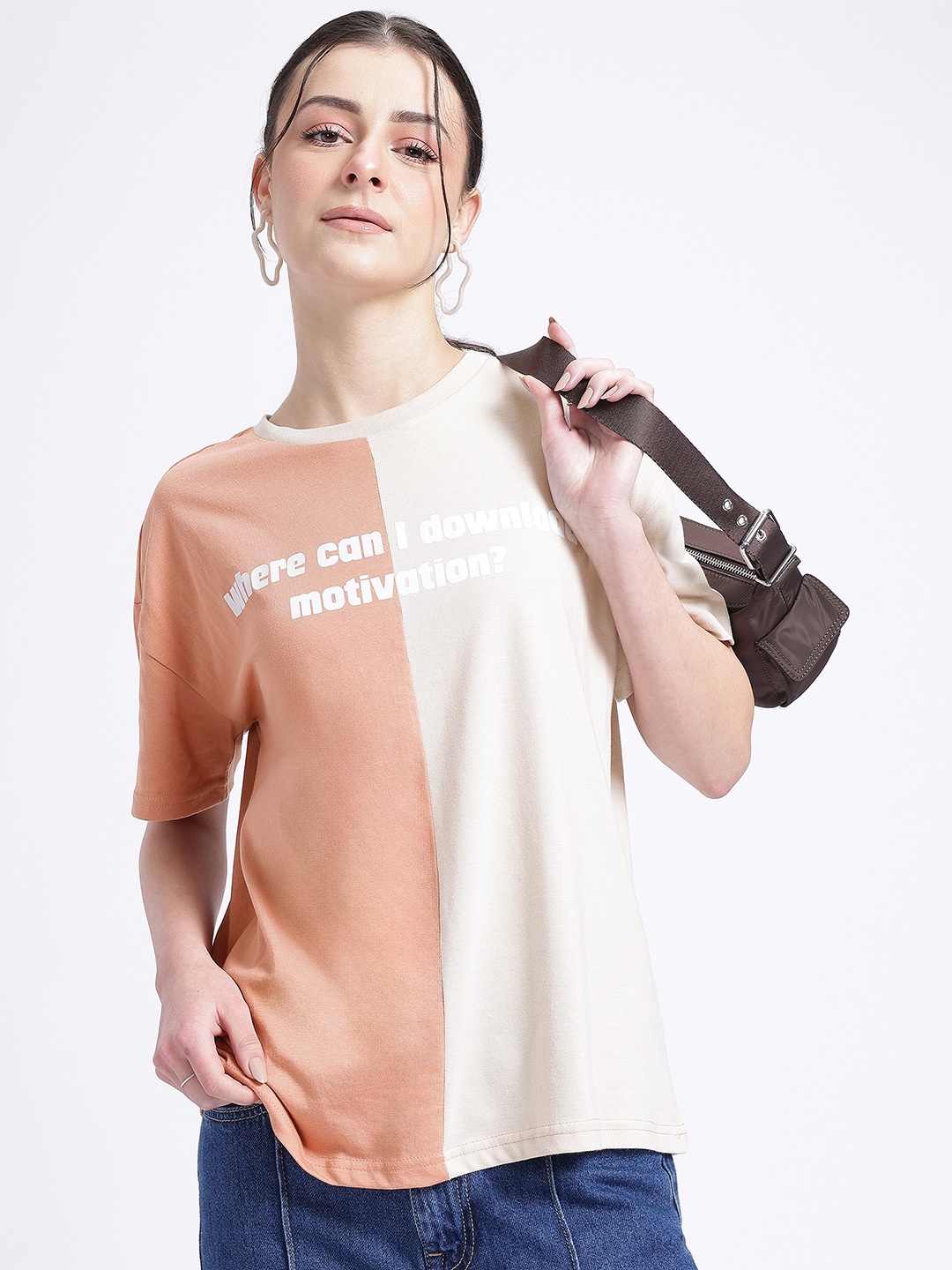 

glitchez Manifest Magic Colourblocked Printed Oversized Fit T-shirt, Beige