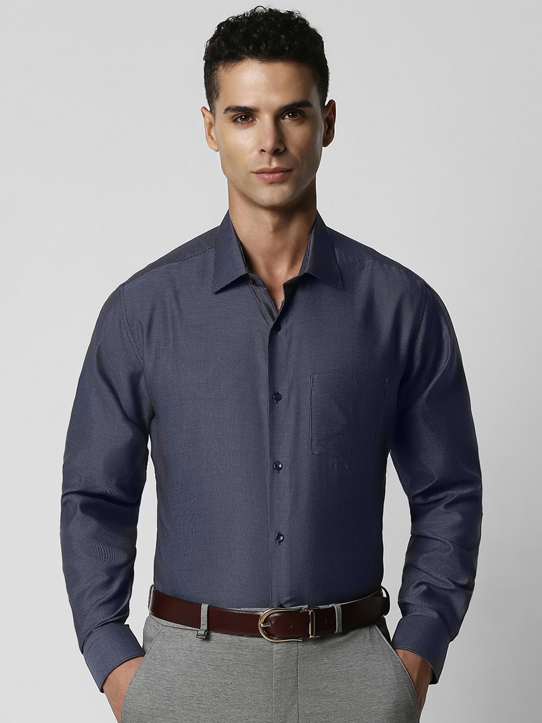 

Van Heusen Pure Cotton Self Design Textured Custom Formal Shirt, Navy blue