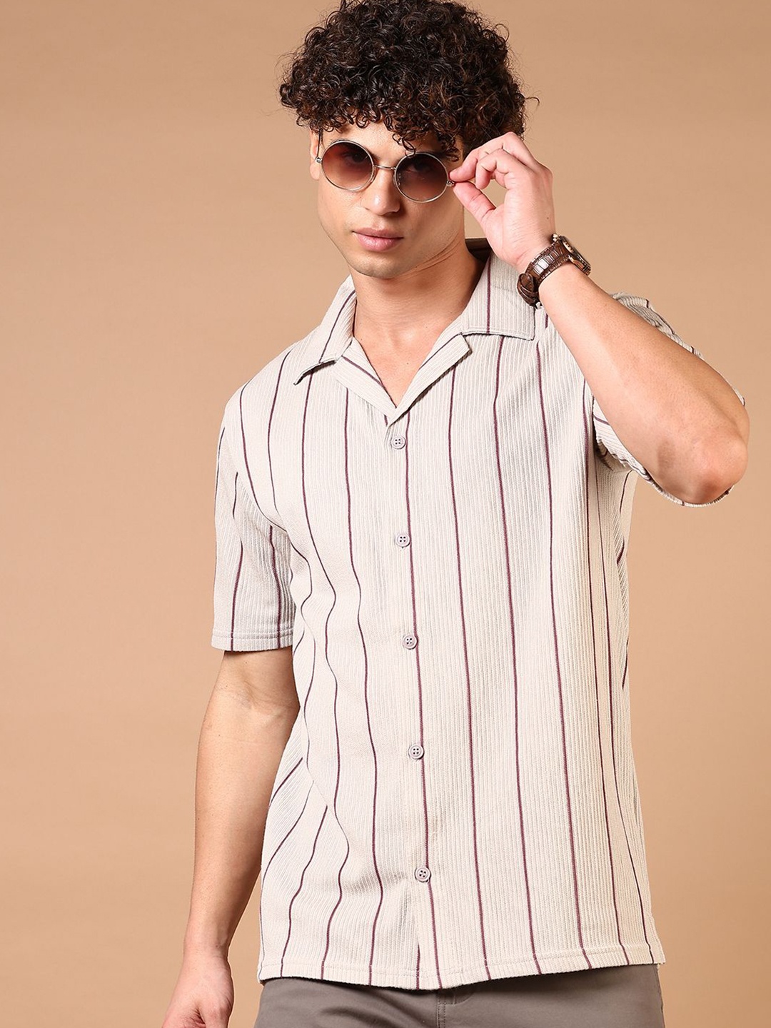 

V-Mart Men Cuban Collar Vertical Striped Cotton Casual Shirt, Beige