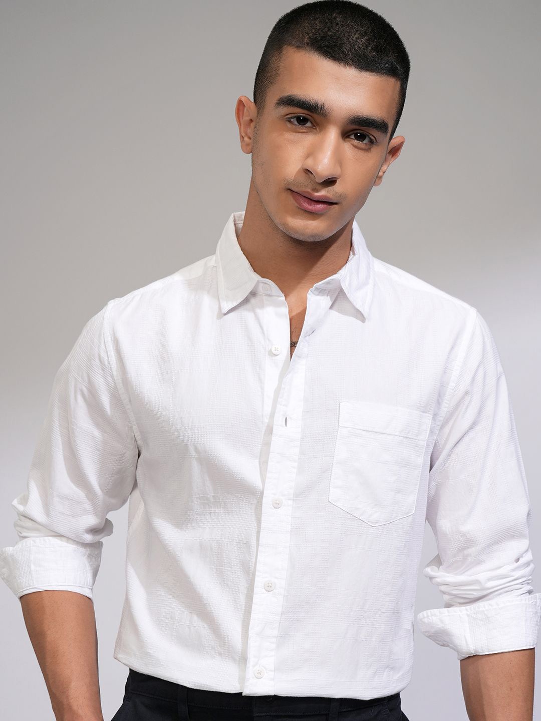 

HIGHLANDER Men Dobby Textured Checked Casual Shirt, White