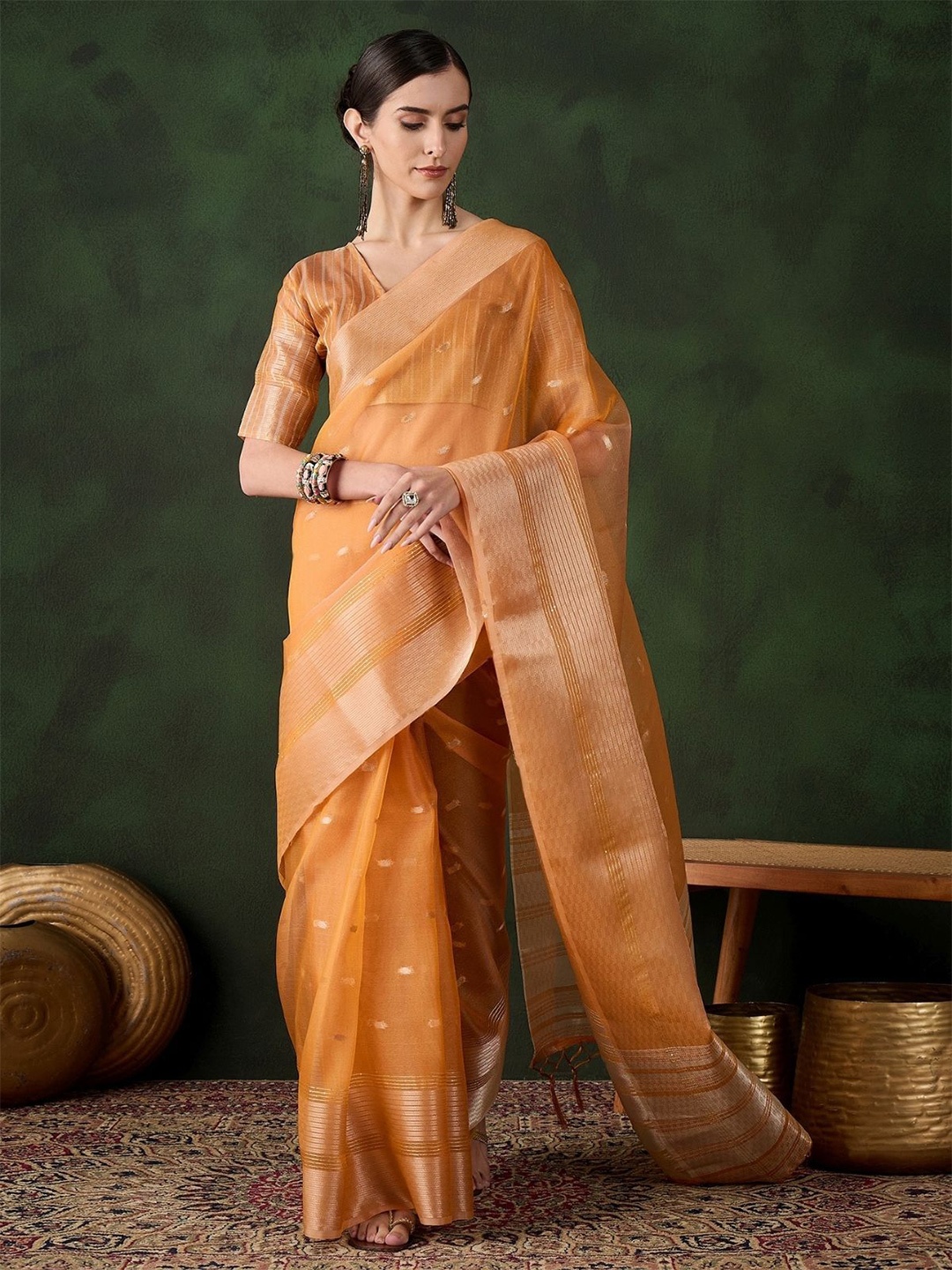 

ODETTE Mustard Organza Woven Saree With Unstitched Blouse For Women