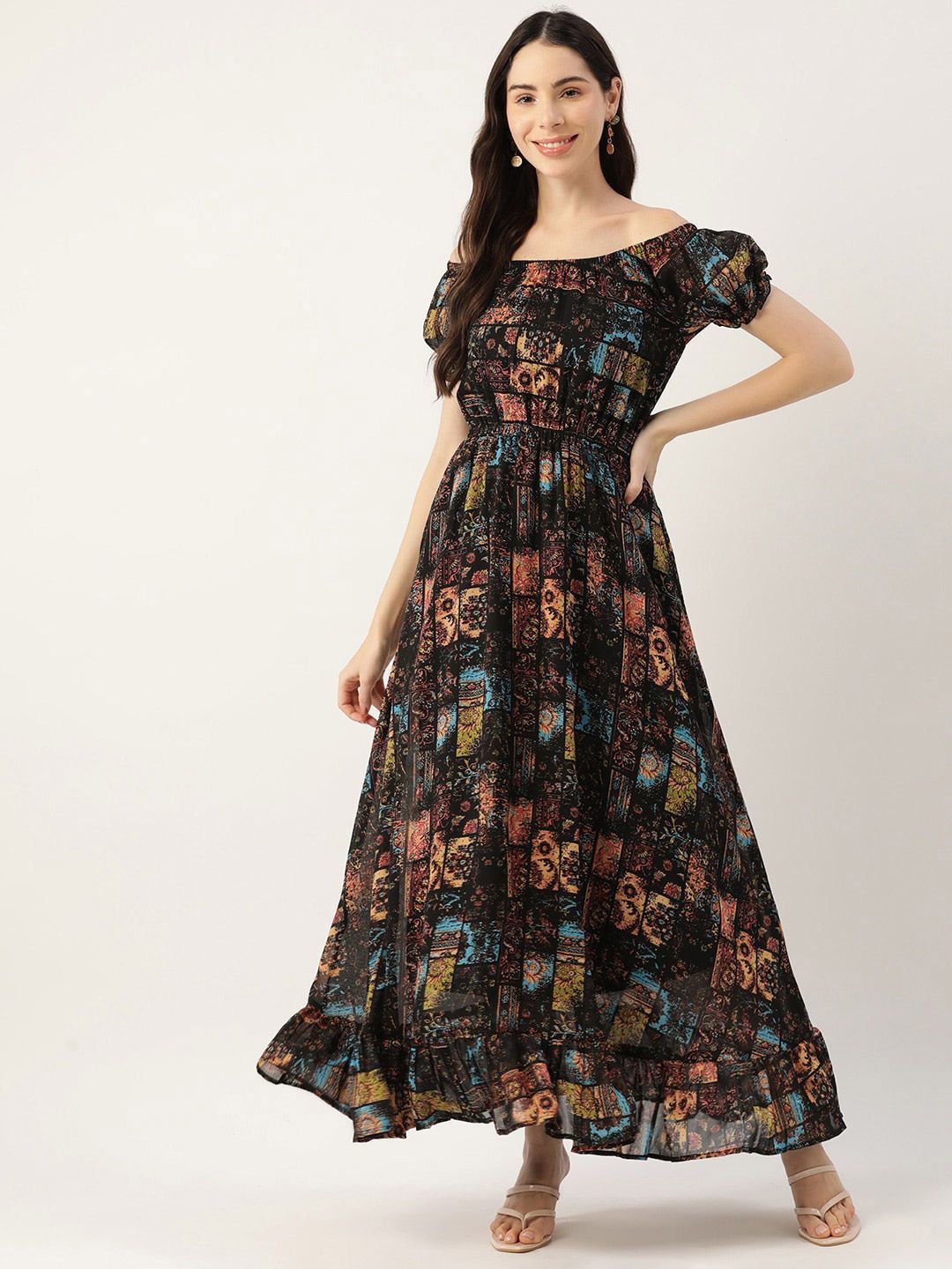 

DressBerry Women Printed Off-Shoulder Puff Sleeves A-Line Maxi Dress, Black