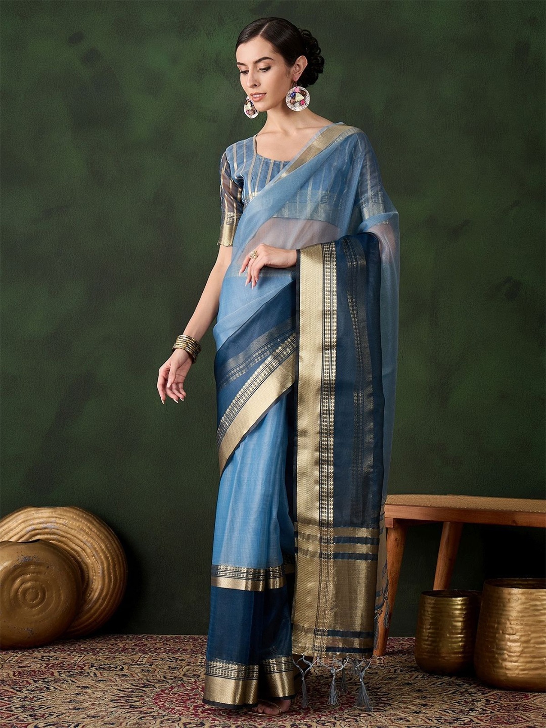 

ODETTE Blue Organza Woven Saree With Unstitched Blouse For Women