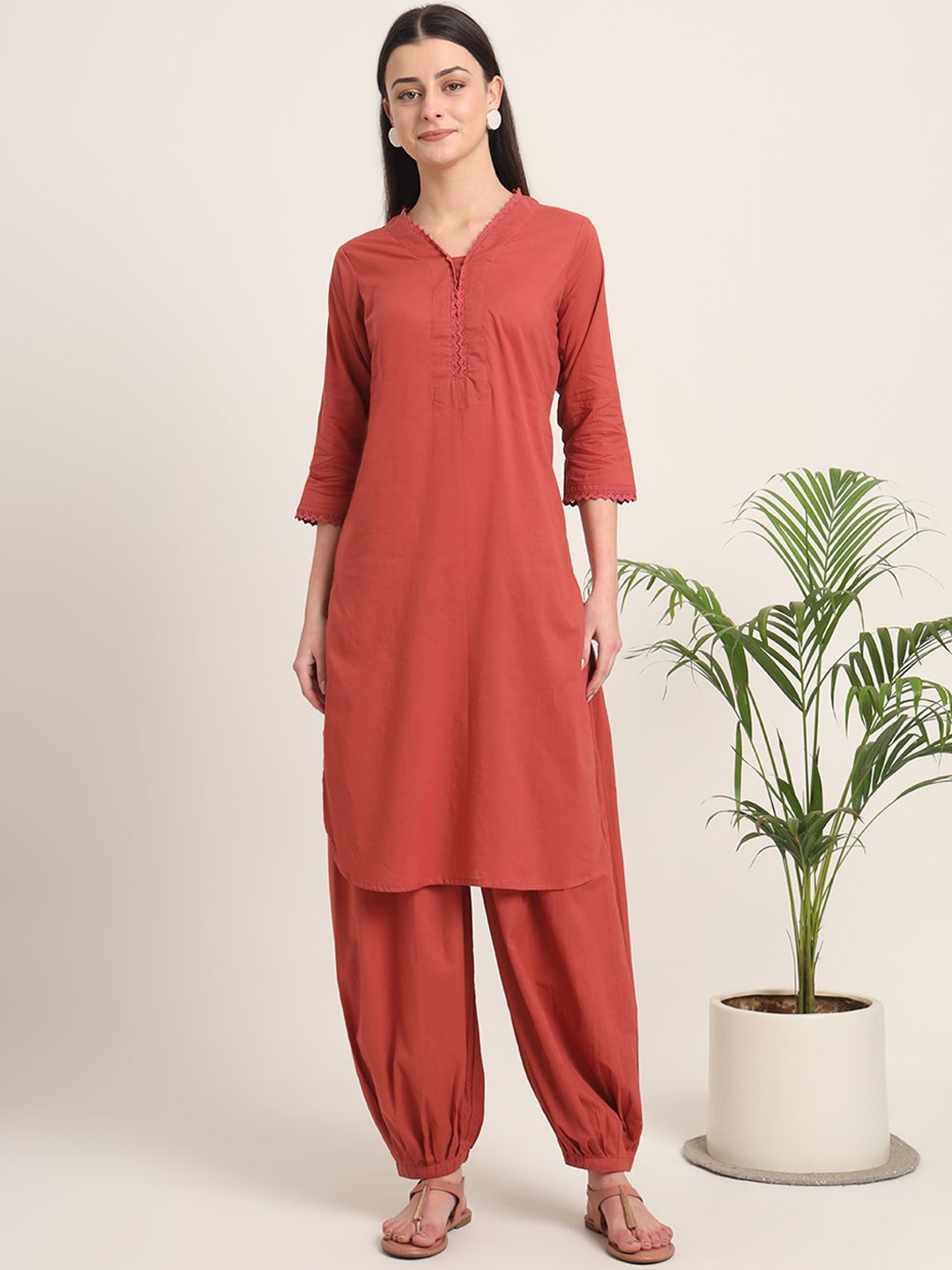 

Thevasa Pure Cotton Lace-Detail Tunic & Trouser Co-Ord Set, Red