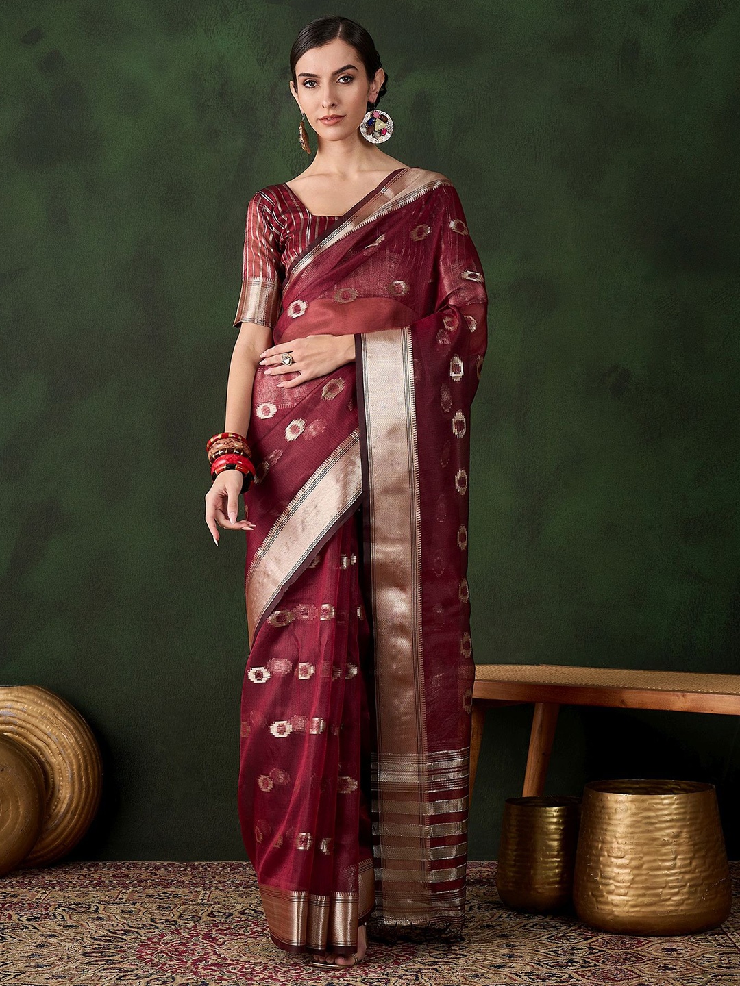 

MANVAA Woven Design Zari Organza Saree, Maroon