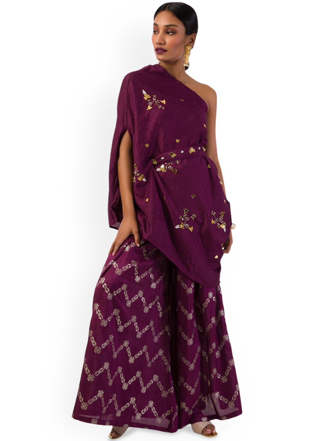 

Mystake By Meghna Shah Floral Embroidered One Shoulder Neck Top & Palazzo With Belt, Purple