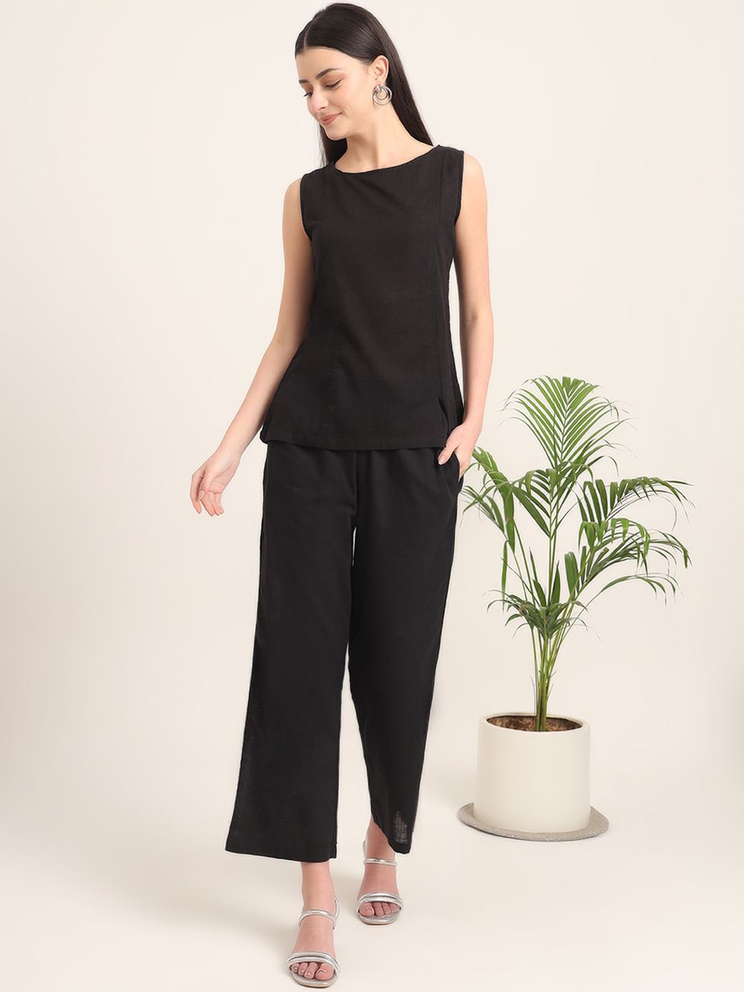 

Thevasa Boat Neck Pure Cotton Top With Trousers, Black