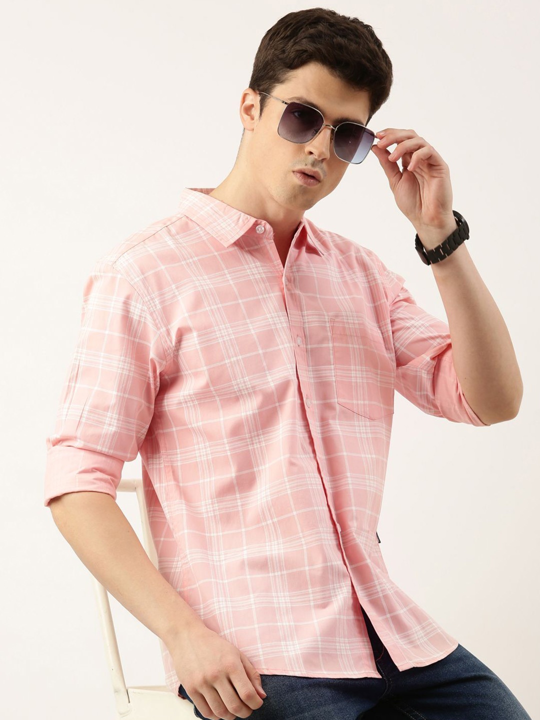 

Provogue Men Spread Collar Shepherd Checked Cotton Casual Shirt, Pink