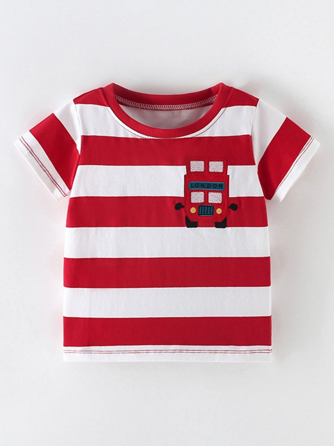 

LULU & SKY Boys Striped Round Neck Cotton T-shirt, Red