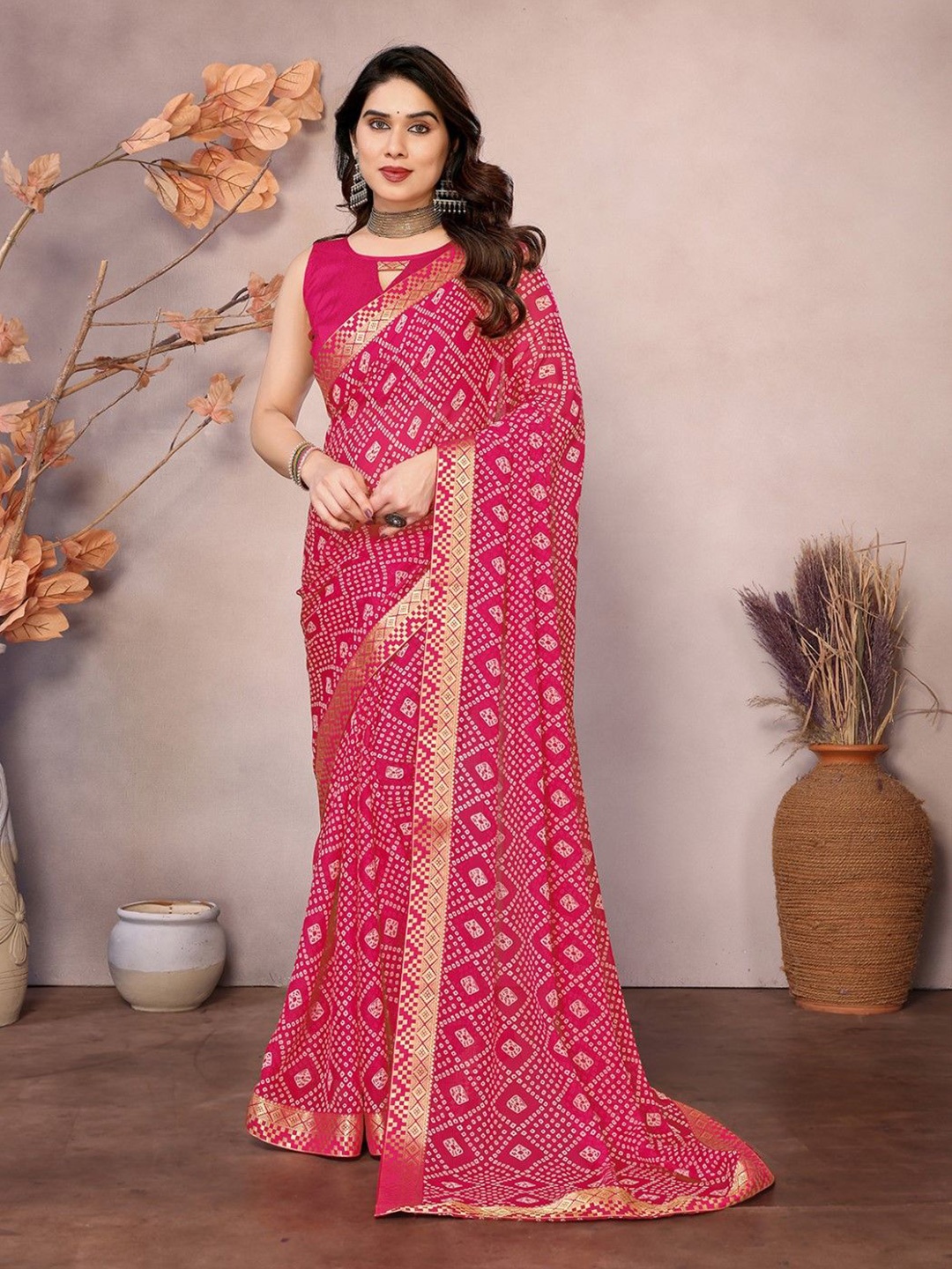 

KALINI Bandhani Zari Poly Georgette Bandhani Saree, Pink