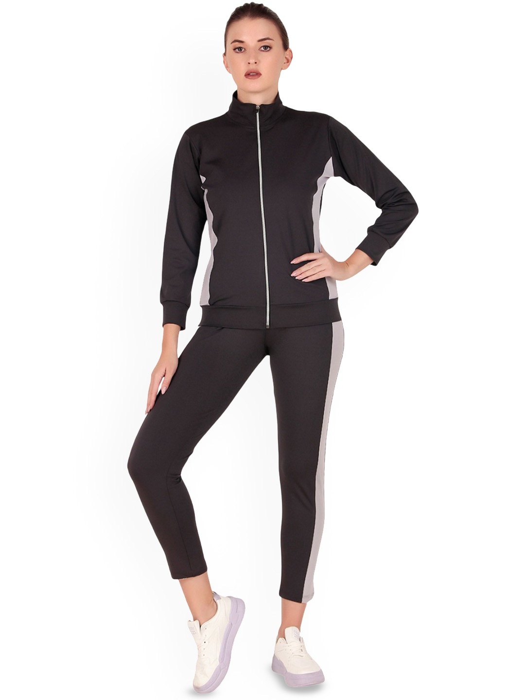 

BENZOS Women Colour-Blocked Mid-Rise Tracksuits, Black