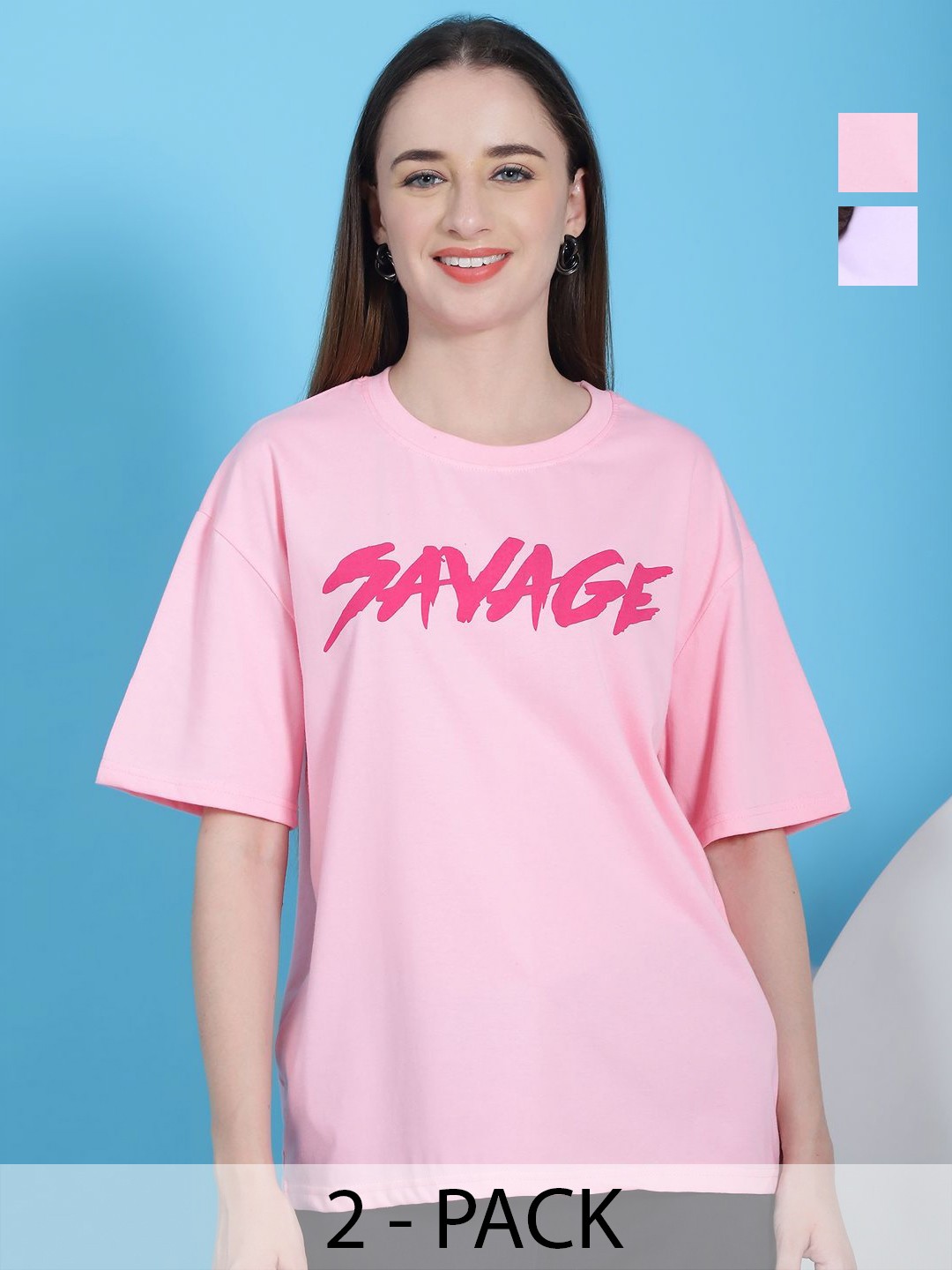 

Dreambe Women Pack of 2 Graphic Printed Round Neck Cotton Relaxed Fit T-shirts, Pink