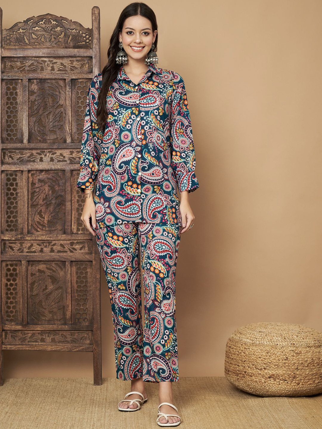 

COTNUF Printed Pure Cotton Top With Trousers Co-Ords, Blue