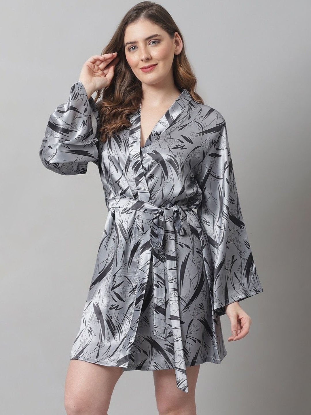 

Beera Women Printed Shawl Collar Neck Robe, Grey