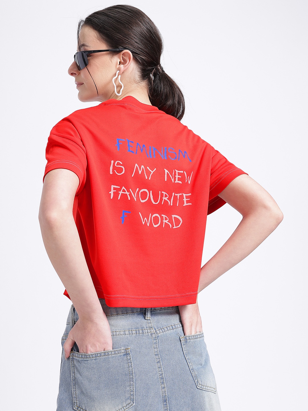 

glitchez Worn-In Typography Drop-Shoulder Sleeves Crop Boxy T-shirt, Red