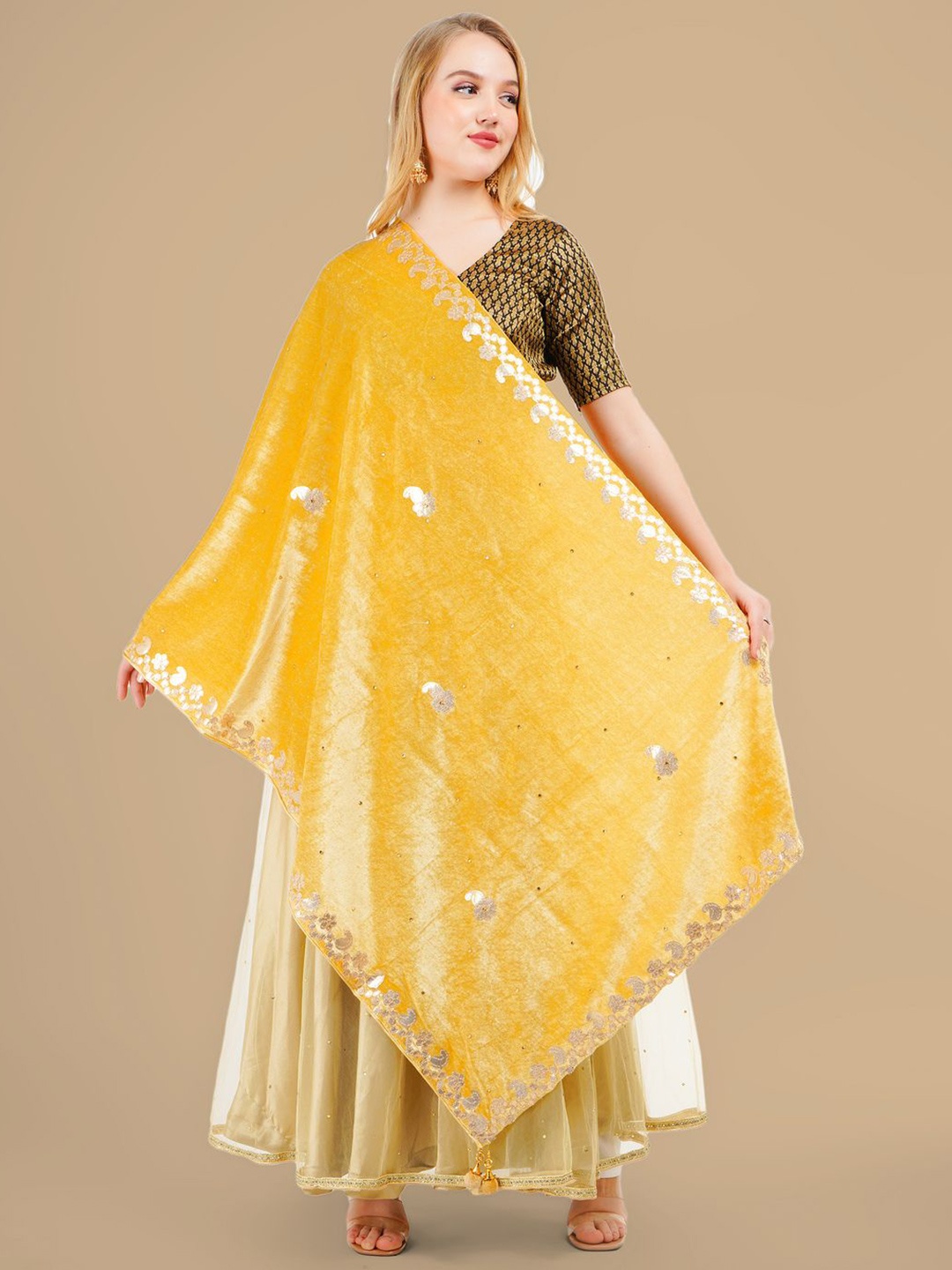 

Karthav Fashion Paisley Embroidered Velvet Dupatta With Gotta Patti, Beige
