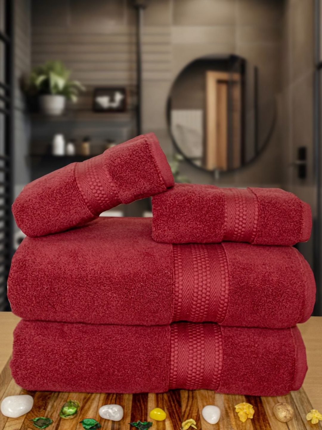 

Myntra Elegant Homes Maroon 4 Pieces Pure Cotton 600 GSM Towel Set