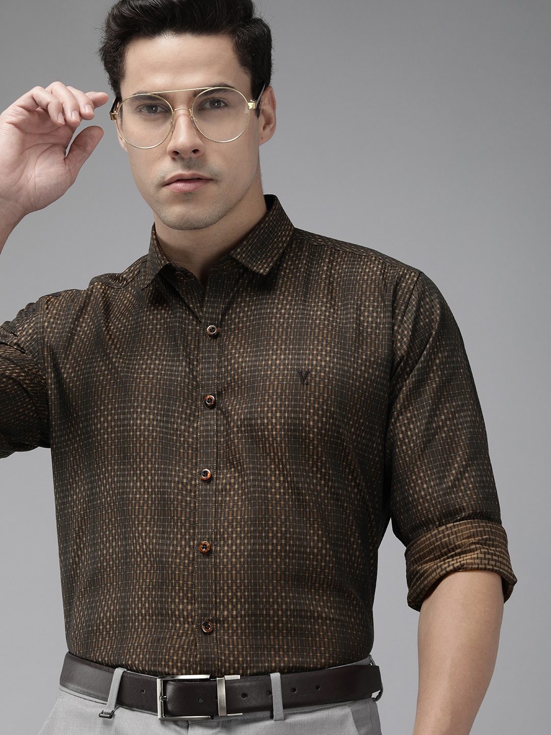 

V Dot Slim Fit Printed Pure Cotton Formal Shirt, Brown