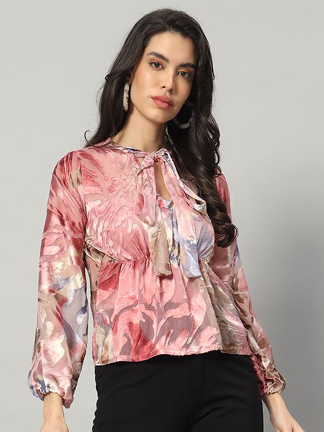 

BRIJAL LAD Printed Tie-Up Neck Top, Pink