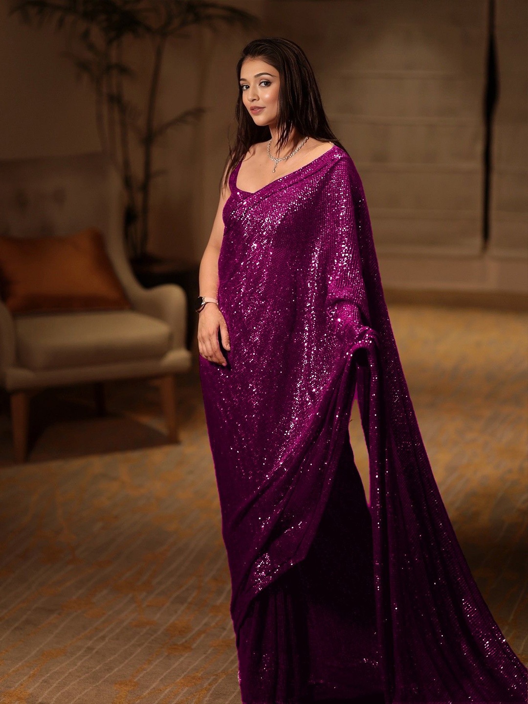 

ANJANI TEXTILE Embellished Sequinned Heavy Work Saree, Purple