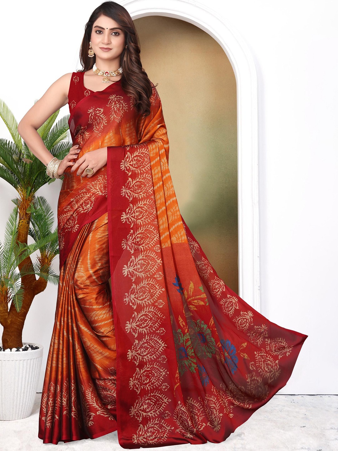 

MAGNEITTA Ethnic Motifs Pure Chiffon Saree, Orange