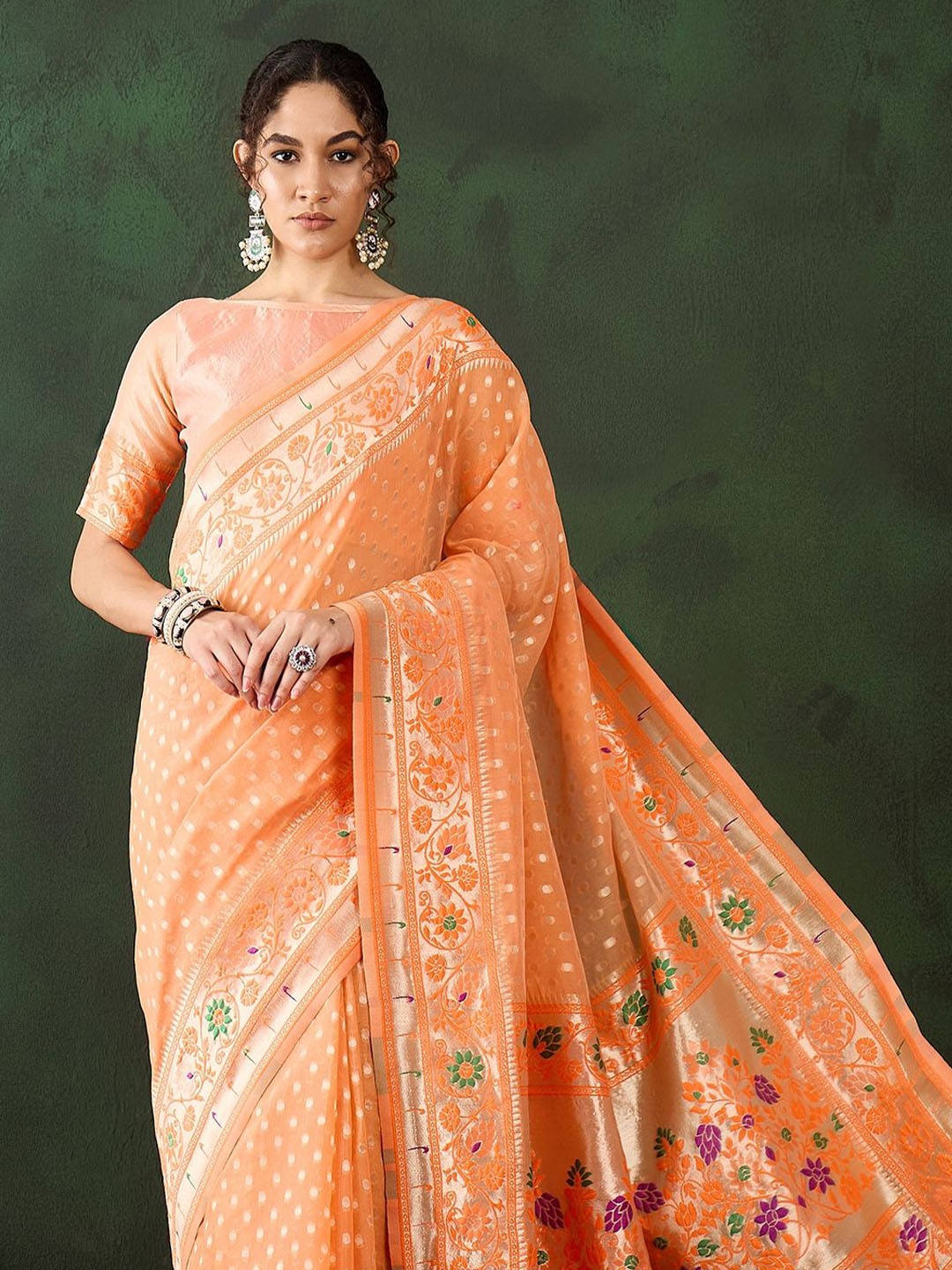 

MANVAA Woven Design Zari Designer Banarasi Saree, Orange