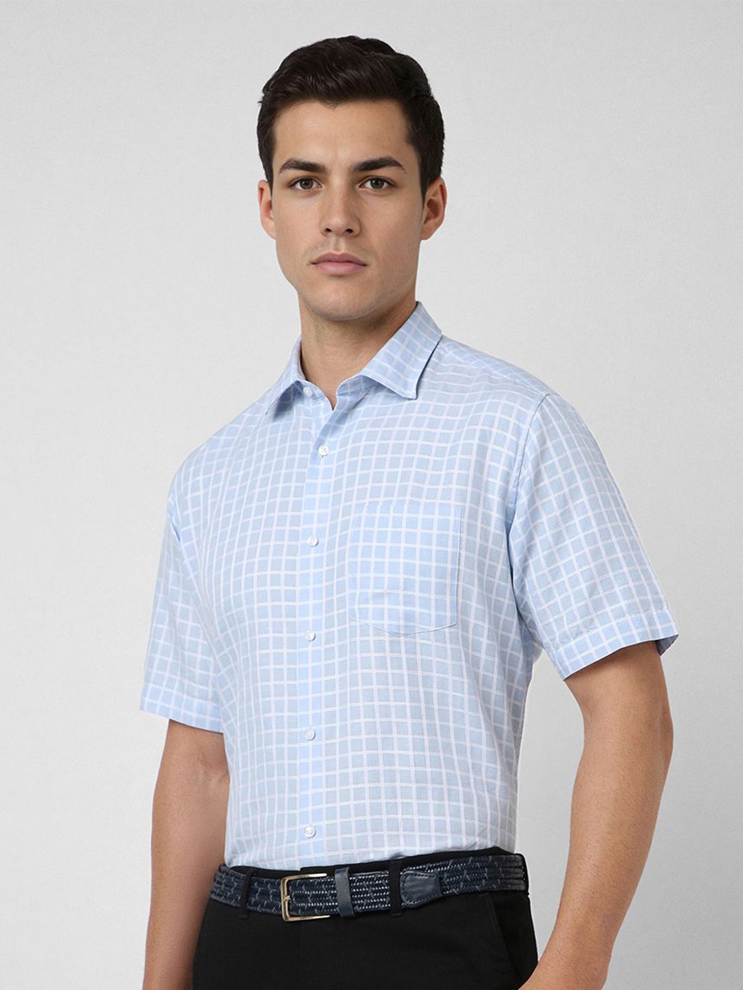 

Van Heusen Men Slim Fit Spread Collar Grid Tattersall Checked Formal Shirt, Blue