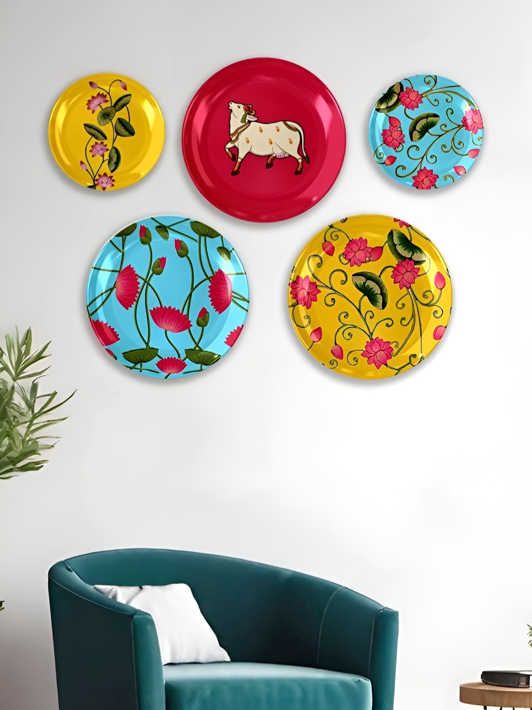 

Homscape Set Of 5 Red & Yellow Printed Ceramic Wall Plates