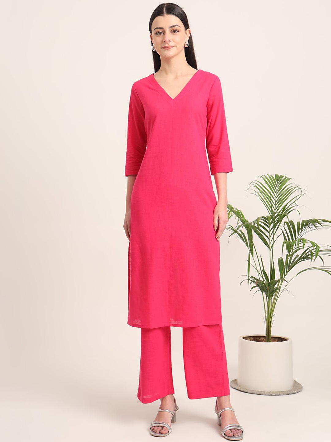 

Thevasa V-Neck Pure Cotton Tunic With Trousers, Pink