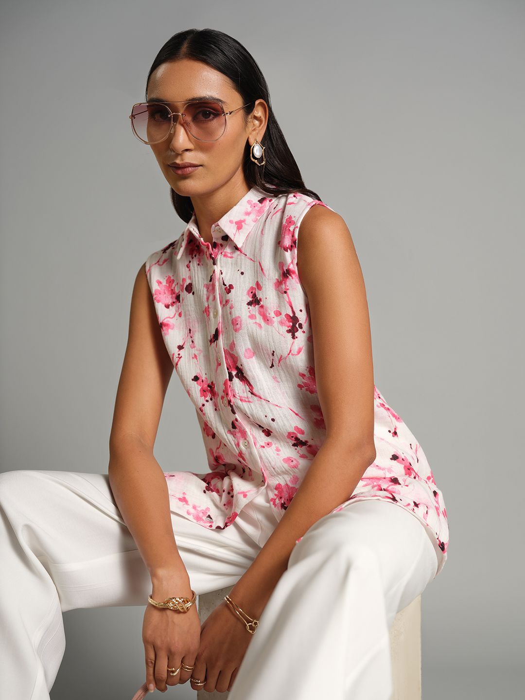 

AND Women Floral Printed Cotton Shirt Style Sleeveless Top, White