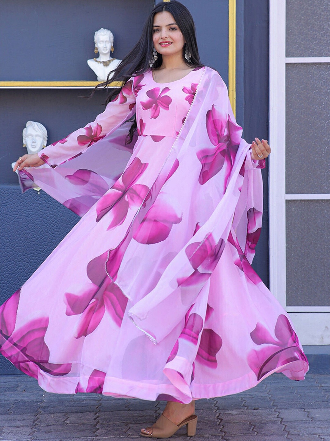 

Raiyani Fashion Floral Print Crepe Fit & Flare Ethnic Dress With a Dupatta, Pink