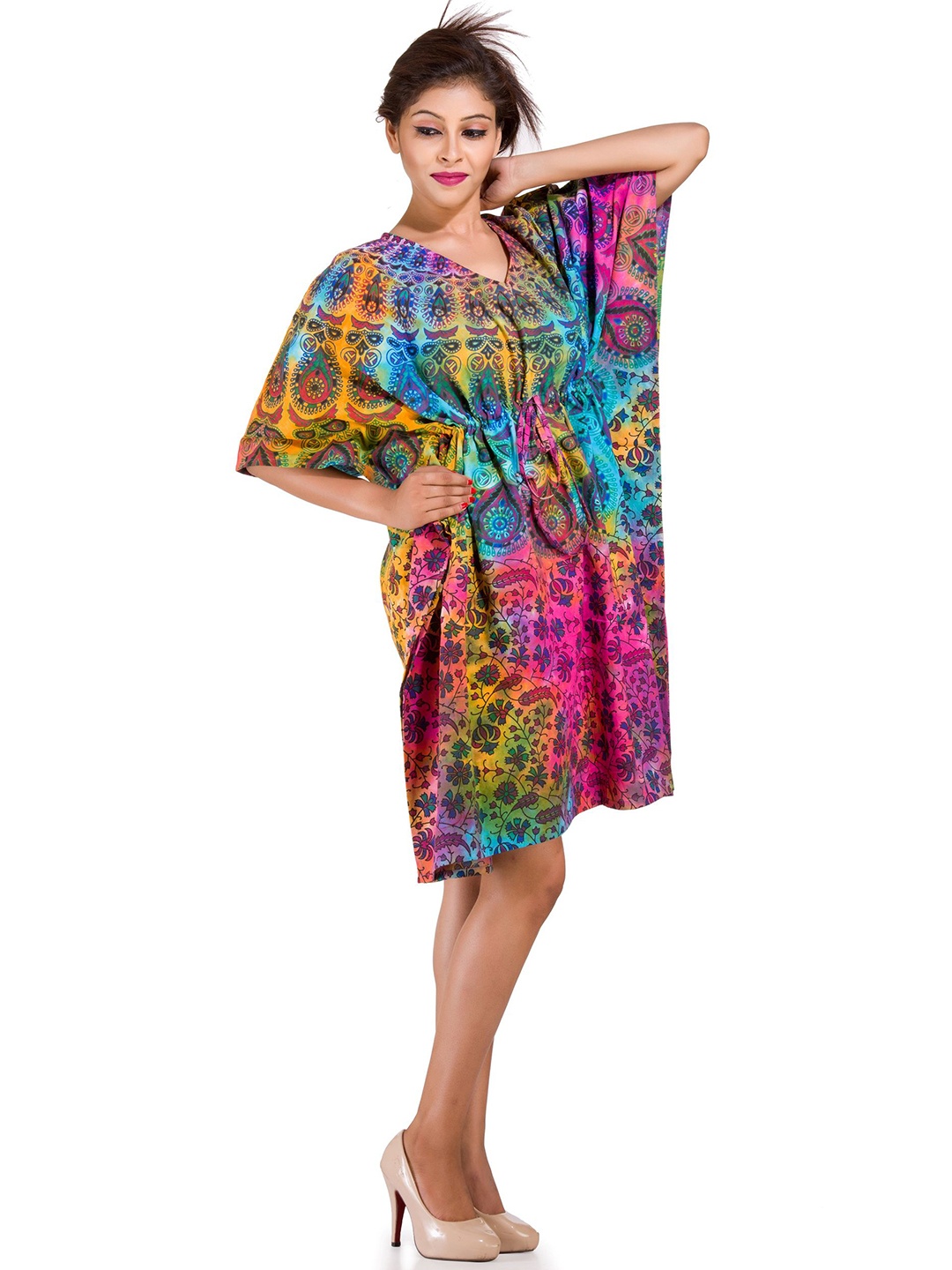 

HANDICRAFT PALACE Peacock Mandala Tie Dye Printed Pure Cotton Kaftan Dress, Blue