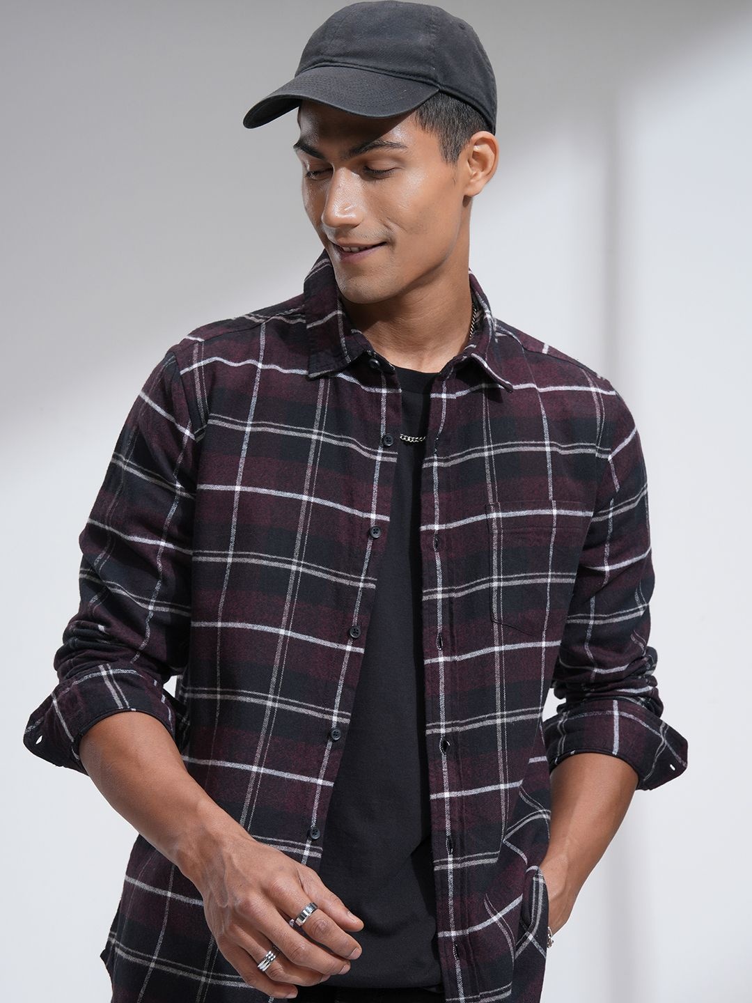 

HIGHLANDER Grindle Flannel Checked Cotton Shacket, Burgundy