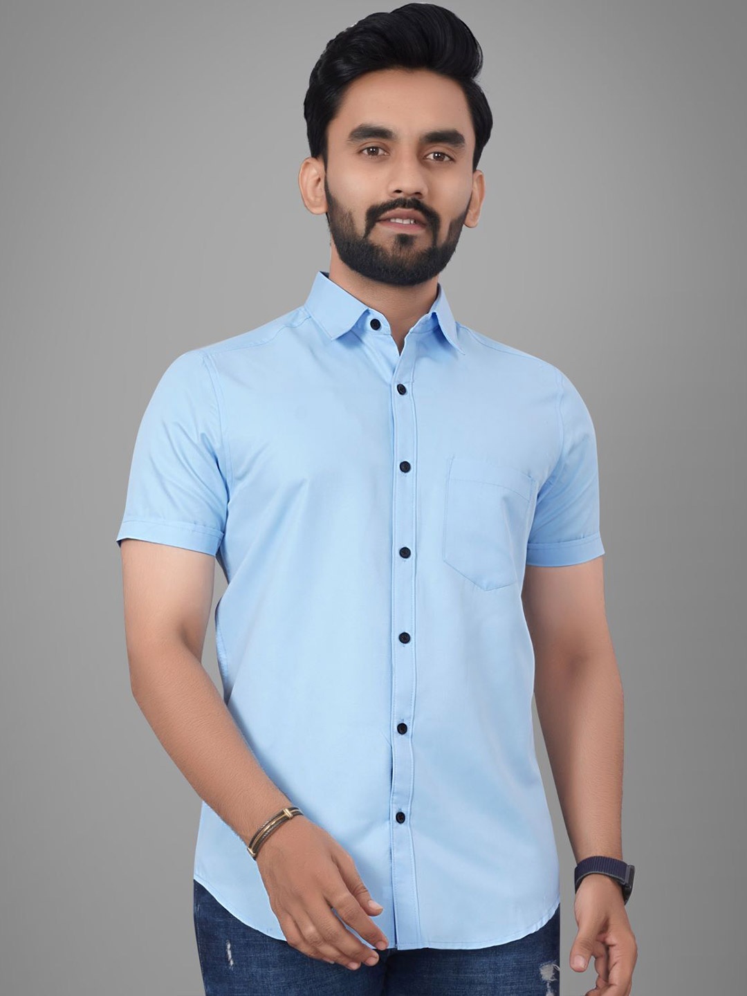 

Metronaut Men Regular Fit Spread Collar Solid Cotton Casual Shirt, Turquoise blue