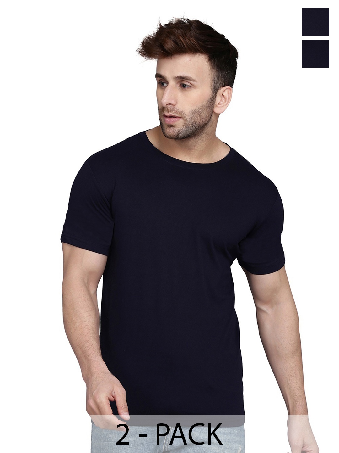 

WOOSTRO Men Pack Of 2 Solid Round Neck Cotton Slim Fit T-shirts, Navy blue